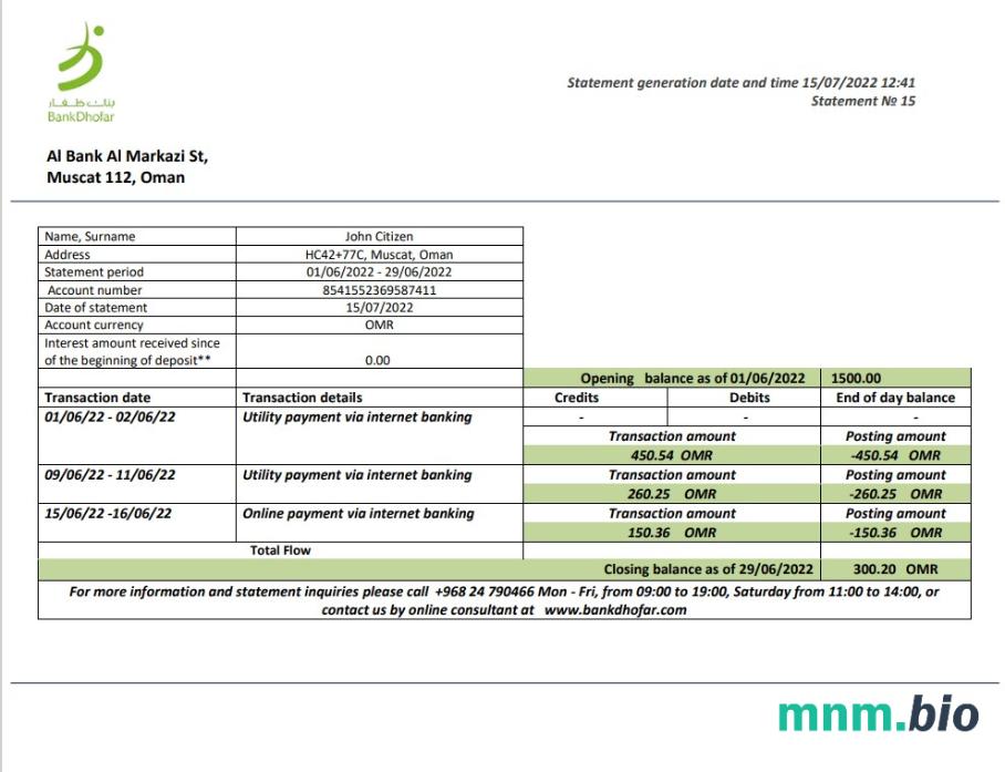 Oman Bank Dhofar wyciąg bankowy Excel i szablon PDF